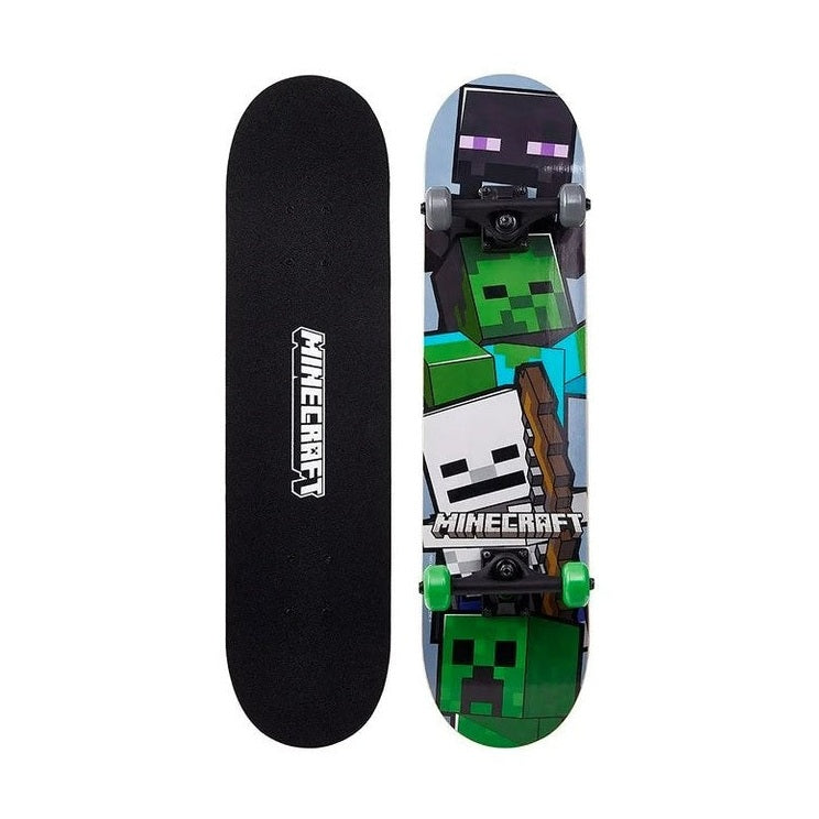 Two skateboards: one plain black with "Minecraft" logo, the other with Minecraft character graphics.